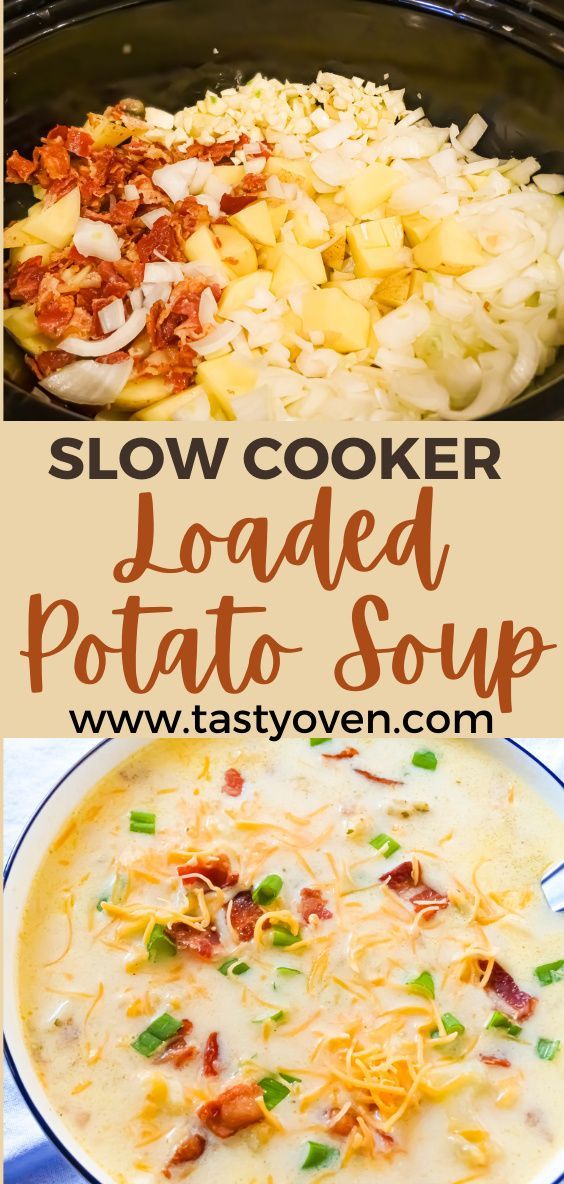 slow cooker loaded potato soup in a crock pot