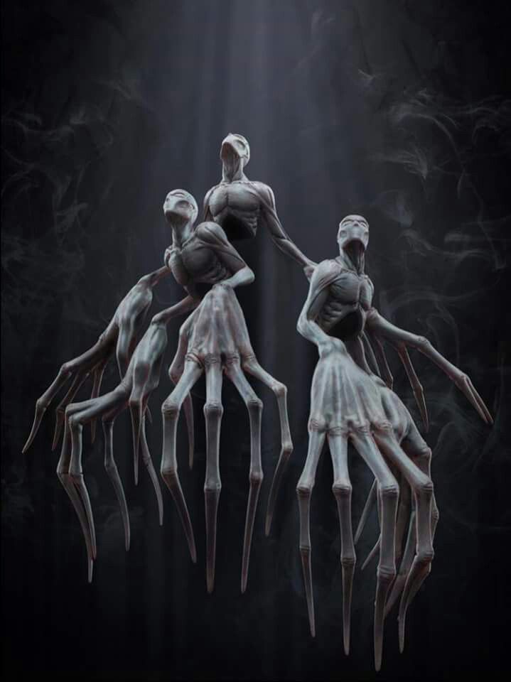 three creepy hands reaching towards each other in front of a dark background with light coming from above