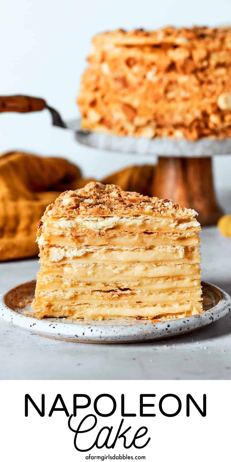 a close up of a piece of cake on a plate with the rest of the cake in the background