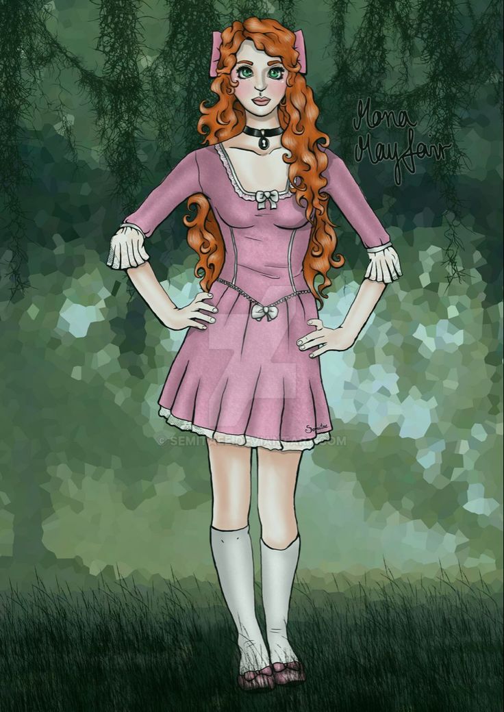 a drawing of a girl with red hair in a pink dress and white socks standing on grass