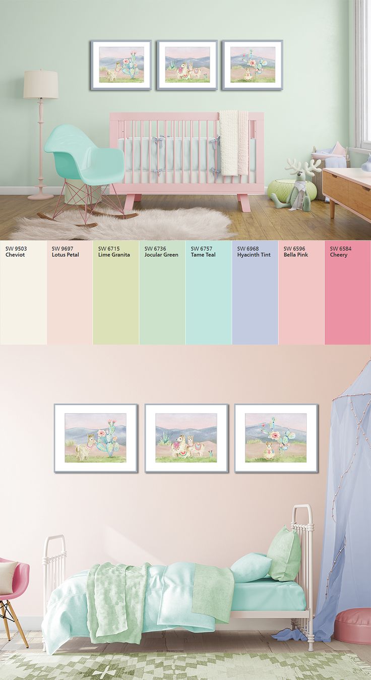 The top image shows a baby girl nursery with Sherwin Williams Jocular Green walls and the bottom image shows a toddler bedroom with Lotus Petal pink walls. The color palette in the middle is inspired from the llama and cactus print set on the walls. Pastel Girls Room Bedroom, Colourful Playroom Ideas, Girls Room Color Palette, Toddler Room Color Palette, Pastel Toddler Girl Room, Pastel Colour Bedroom Ideas, Pastel Rainbow Girls Room, Toddler Bedroom Colors, Pastel Toddler Room