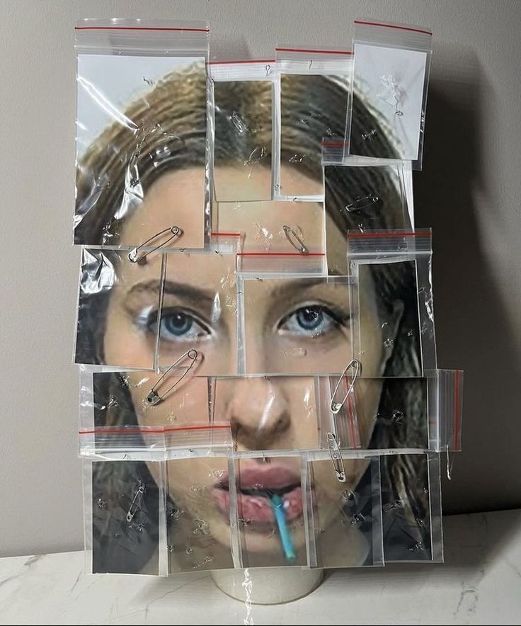 a woman's face is surrounded by plastic wrappers and toothbrushes in the shape of squares