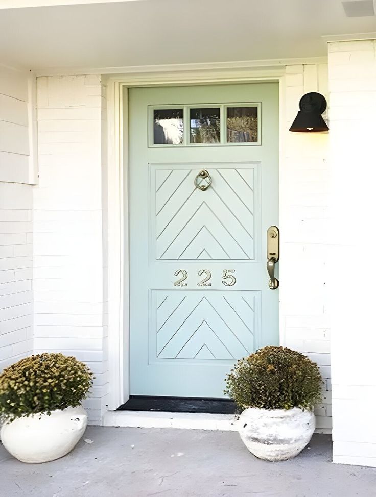 two large white planters with plants in front of a blue door on a house