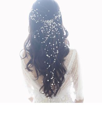 the back of a woman's head with pearls on it