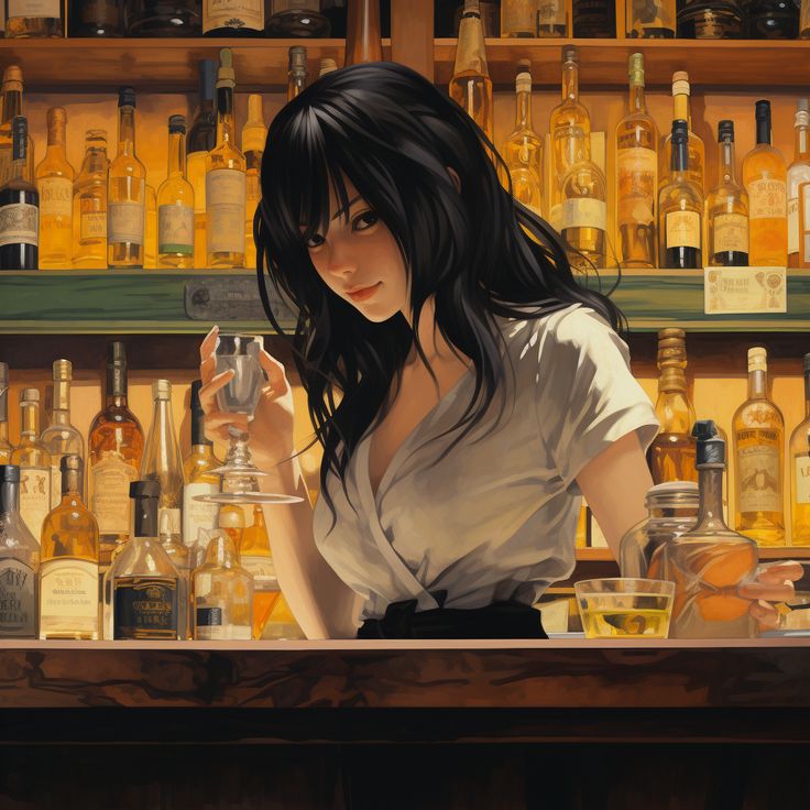 a painting of a woman behind a bar with bottles on the shelves and glasses in front of her