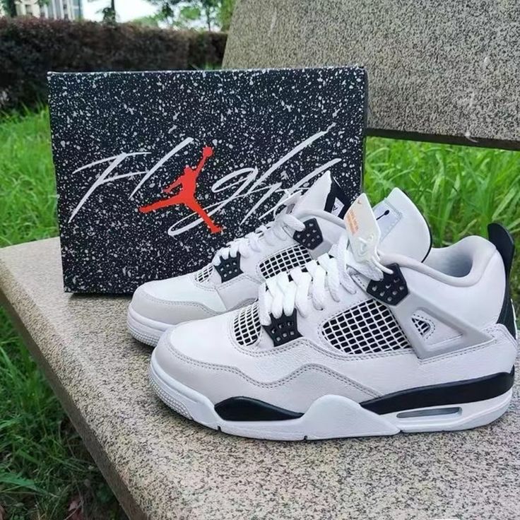 Nike Air Jordan 4 Retro Ps Military Black Shoes Brand New With Original Box 100% Authentic Beautiful Colorway Color: White/ Black Thank You For Considering Our Store! We Appreciate Your Business And Support! Please Give Me A Quote If You Are Willing Cute Nike Shoes Jordan, Matching Shoes For Couples Jordan 4, Jorden 3 Shoes, Black White Air Jordan 1, All Jordan Sneakers, Air Forces Jordans, Nike Air Jordan Shoes Black, Jordan Shoes Cool, Jordans 4 Slippers