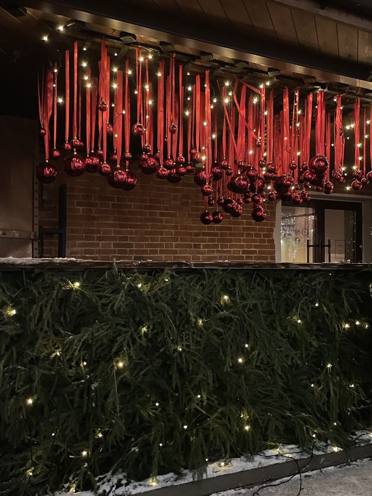 christmas lights are hanging from the ceiling above a green wall and bushes with red ribbons on it