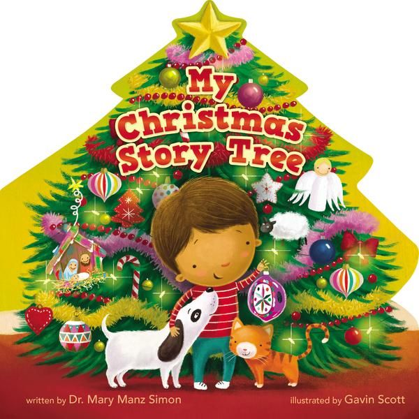 a young boy holding a dog in front of a christmas tree with the words, my christmas story tree written on it