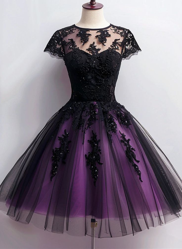 Cute Black And Purple Tulle Short Sleeves Party Dress, Tulle Short Hom – classygown Prom Dress Medium Length, Prison Wedding, Purple Tulle, Multi Way Dress, Velvet Prom Dress, Winter Formal Dresses, Color Rush, Tulle Sleeves, Prom Dresses Two Piece