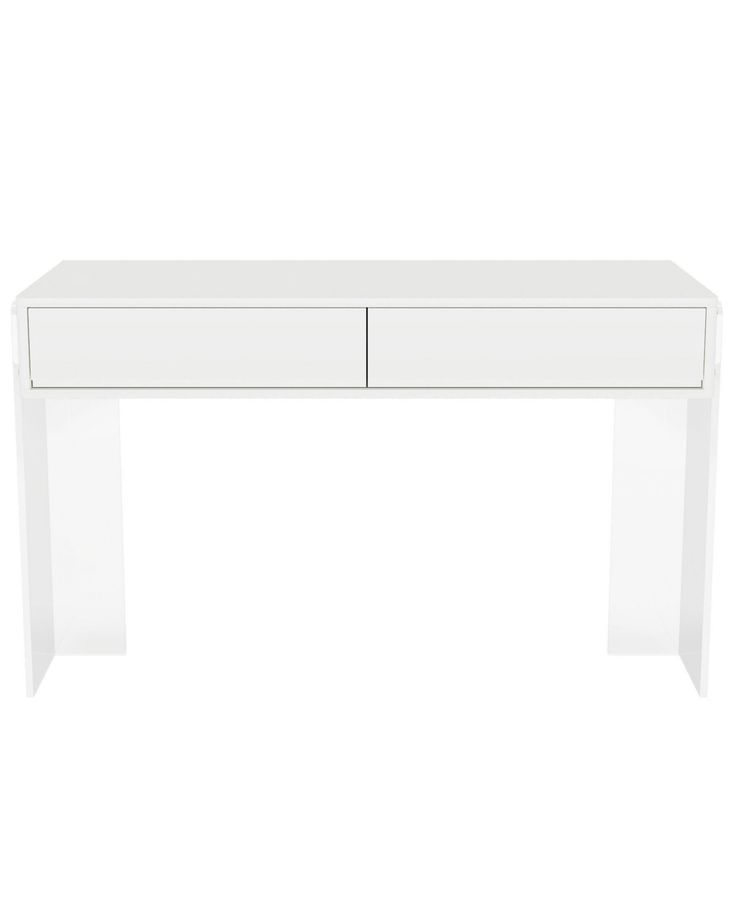 a white desk with two drawers on top and one drawer at the bottom, against a white background