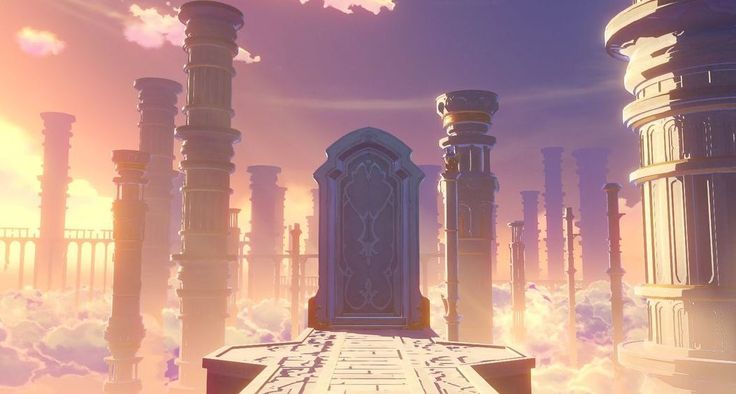 a screenshot of a bridge surrounded by columns and pillars in the sky with clouds