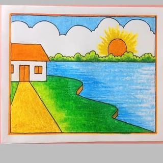 a drawing of a house by the water with clouds and sun in the sky above it