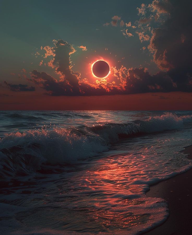 the sun is setting over the ocean with waves in front of it and an eclipse