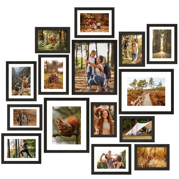 a collage of pictures with people and animals in them, all hanging on the wall