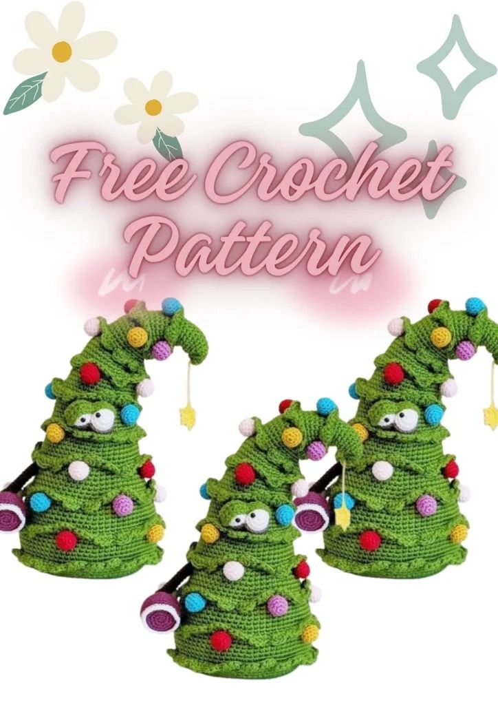 three knitted christmas trees are shown with the words free crochet pattern