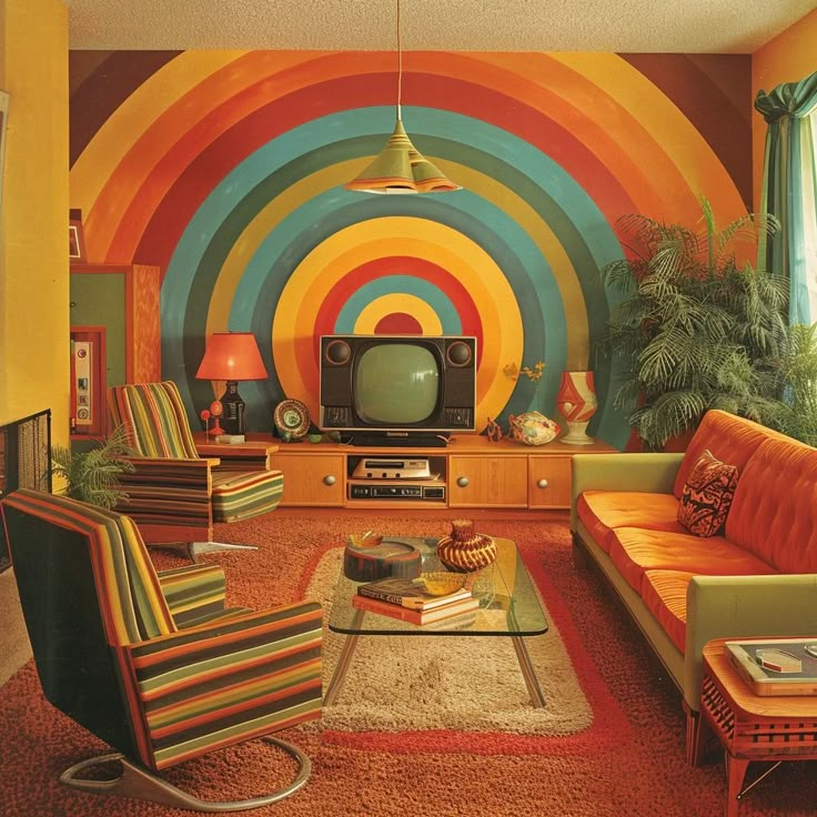 a living room filled with furniture and a rainbow painted wall