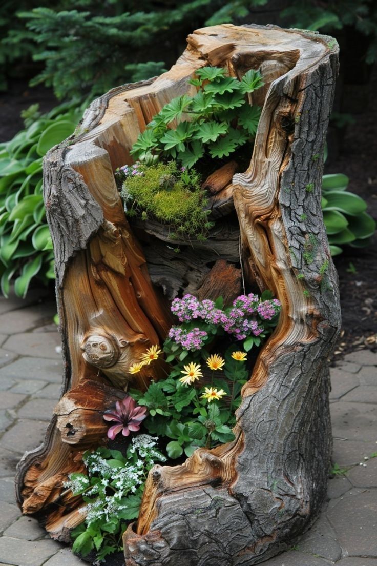 a tree stump with flowers growing out of it