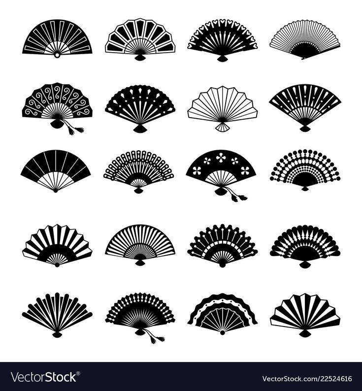 black and white silhouettes of different types of hand held fans on a white background