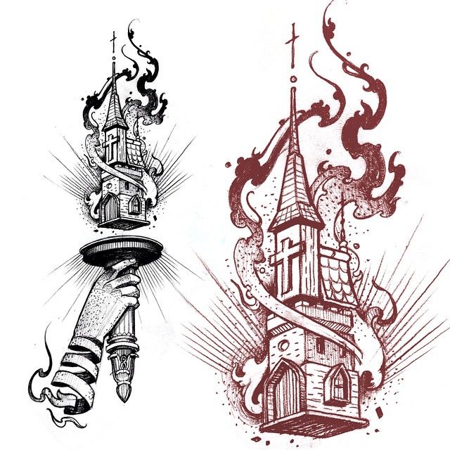 an ink drawing of a church and a flying saucer with flames coming out of it