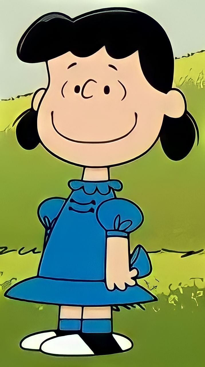 a cartoon character with black hair wearing a blue dress and smiling at the camera while standing in a field