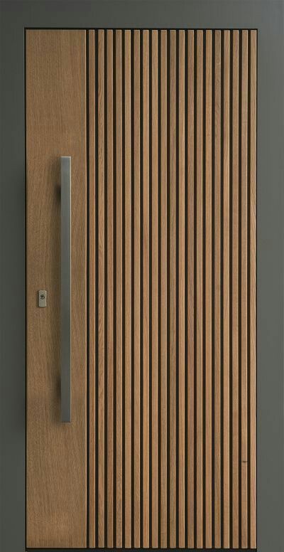 a close up of a door with wooden slats on the front and side panels