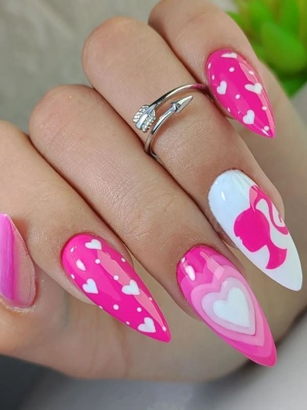 Barbie silhouette accent Nails Barbie, Barbie Pink Nails, Pink And White Nails, Barbie Nails, Hot Pink Nails, White Nail Art, Simple Nail Art Designs, Her Nails, Pink Nail Designs