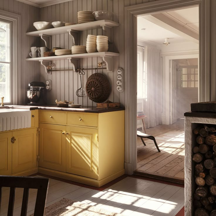 a kitchen with yellow cabinets and shelves filled with dishes on top of wooden flooring