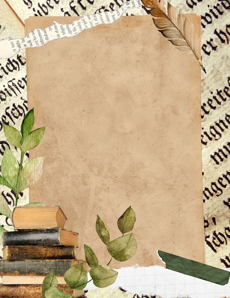 an old paper with leaves and books on it, next to a feather quill