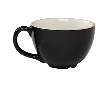 a black and white coffee cup on a white background