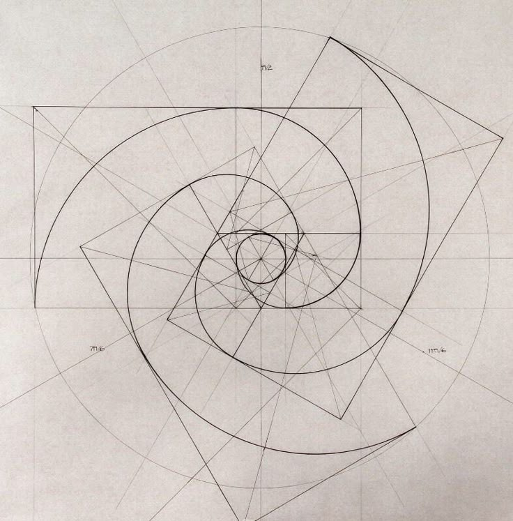 an abstract drawing with lines and circles in the shape of a spiral on a sheet of paper