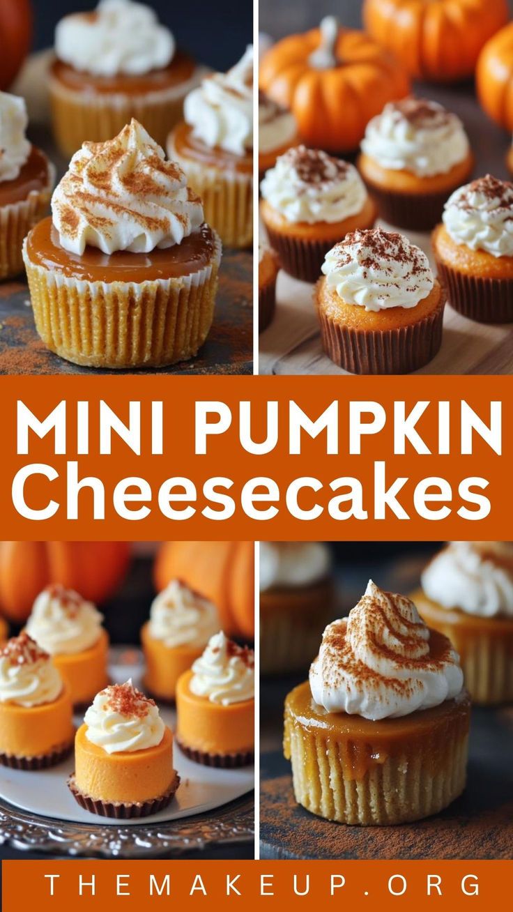 Delicious Mini Pumpkin Cheesecake Recipe 🍂 Mini Pumpkin Cheesecake Bites, Pumpkin Cheesecake Bites, Fall Cheesecake, Pumpkin Cheesecake Muffins, Pumpkin Cheesecakes, Mini Pumpkin Cheesecake, Cheesecake Muffins, Pumpkin Cheesecake Recipes, Cheesecake Bites