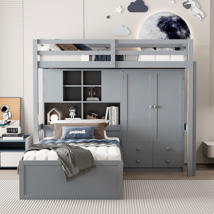 a child's bedroom with a bunk bed, dresser and bookcase in grey