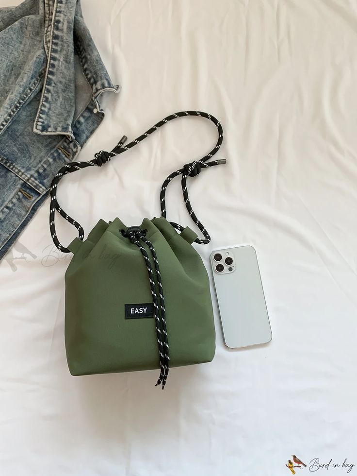 Bird in Bag - Stylish Womens Nylon Cloth Bucket Bag: Lightweight, Casual Drawstring Tote with Thick Rope Detail - Versatile One-Shoulder Crossbody Thick Rope, Bucket Bags, Diy Supplies, Bird In Bag, Bag Bag, Mini Fashion, Acrylic Material, Army Green, Bucket Bag