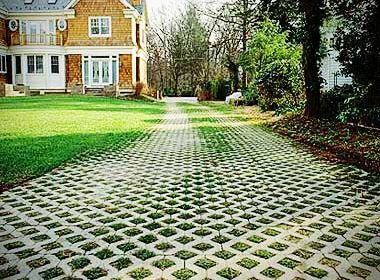 a walkway in front of a house with grass on the ground and trees around it