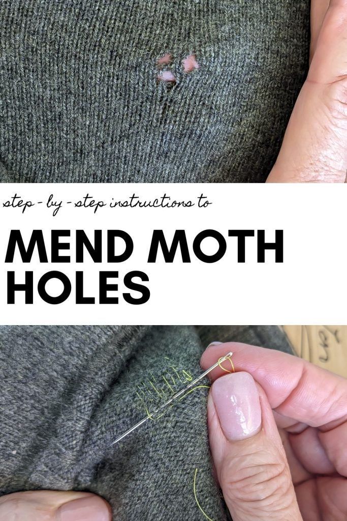 someone is sewing holes in their sweater with the words mend moth holes on it