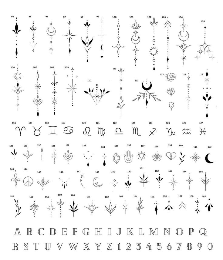 the alphabet and numbers are all drawn in black ink, with different designs on them