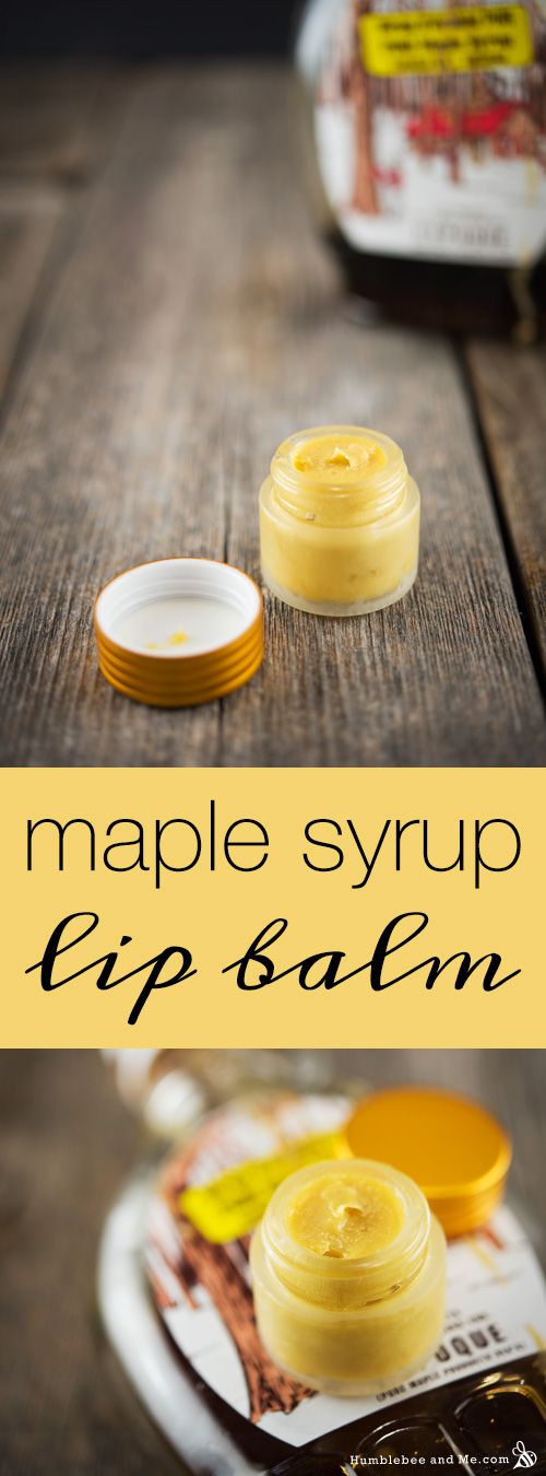 maple syrup lip balm on a wooden table with text overlay that reads maple syrup lip balm