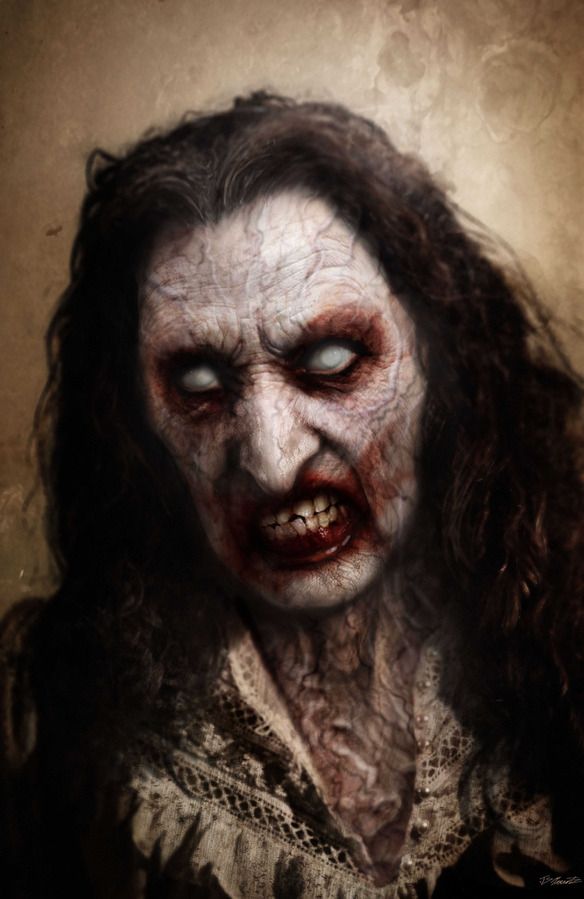 a creepy looking woman with long hair and blood on her face is shown in this digital painting