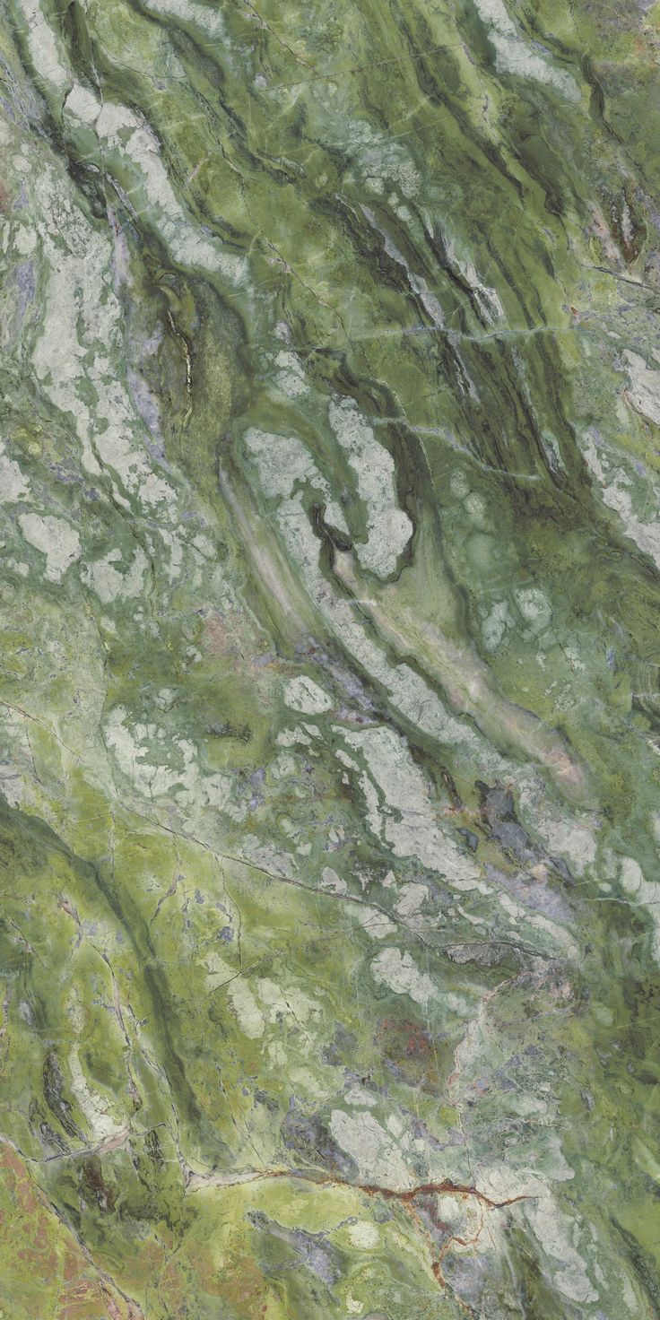 green marble textured with white and brown streaks on the top right side, as seen from above