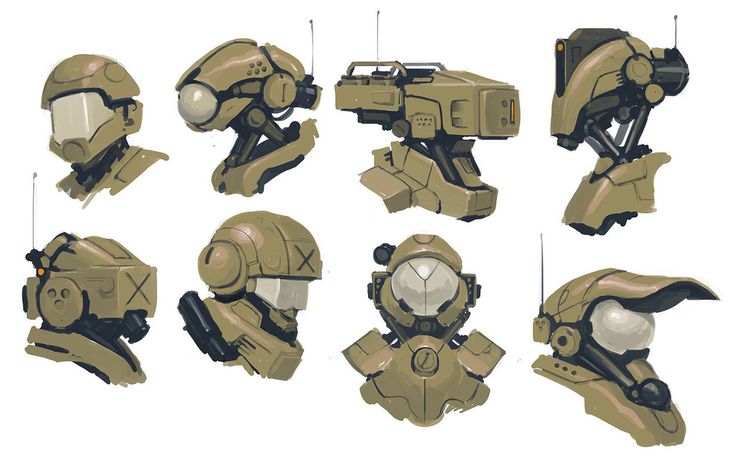 a set of six different views of a futuristic soldier's helmet and goggles