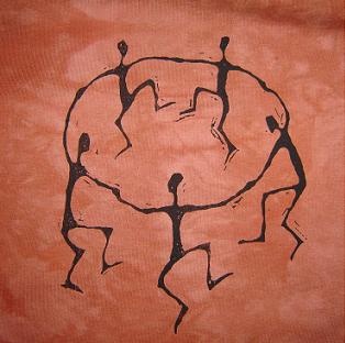 a drawing of two people holding hands in front of an orange background with black ink