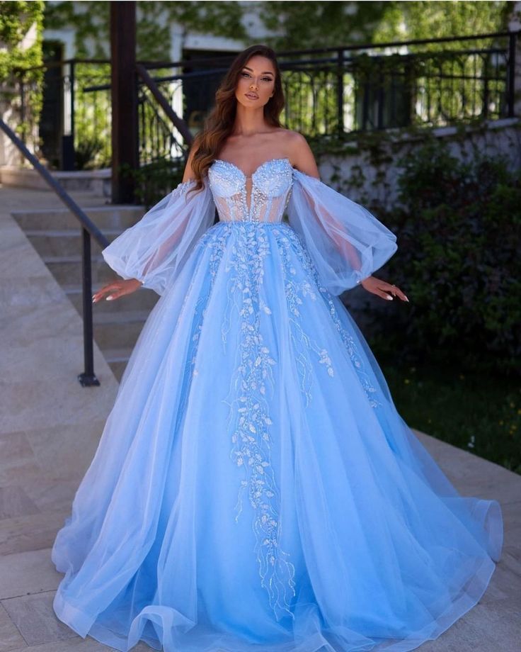 Blue Lace Prom Dress, Blue Sparkly Dress, Wedding Party Robes, Puffy Long Sleeves, Prom Dresses 2023, Lace Prom Dresses, Corset Dress Prom, Floral Gown, Cute Prom Dresses