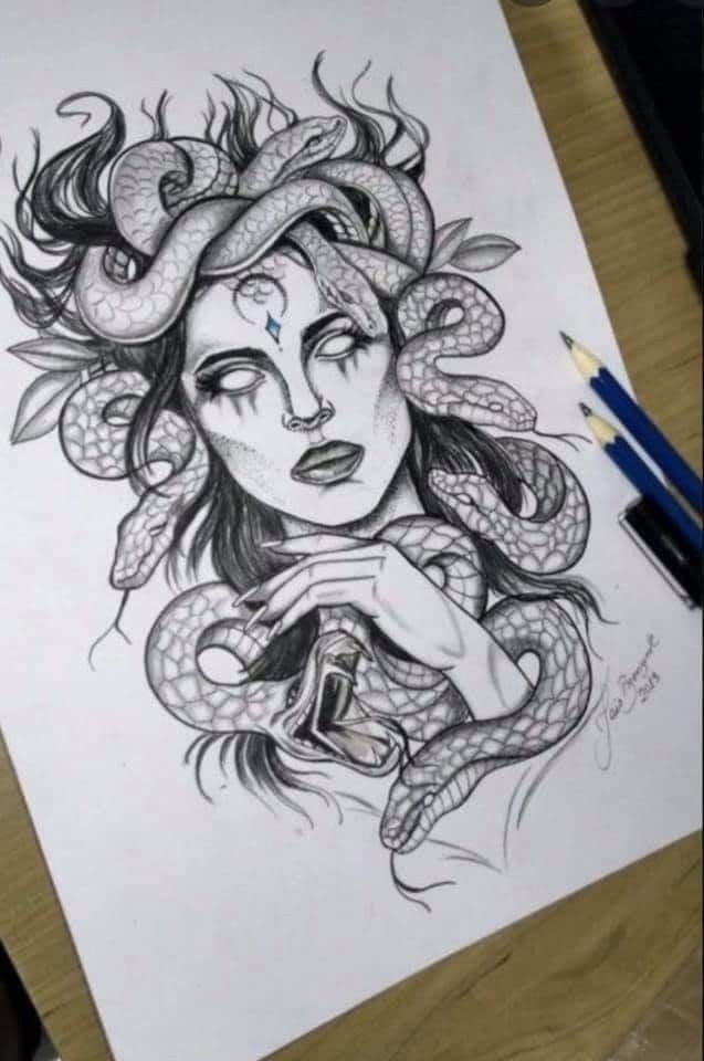 a drawing of a woman with a snake on her head