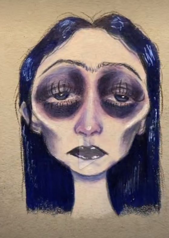 a drawing of a woman with blue hair and makeup