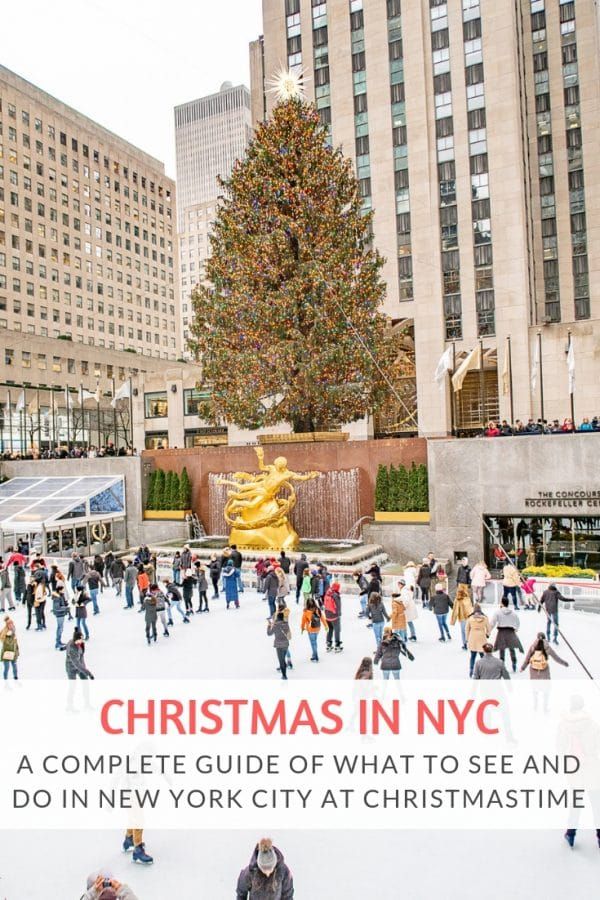 people skating on an ice rink in front of a large christmas tree with the words christmas in nyc