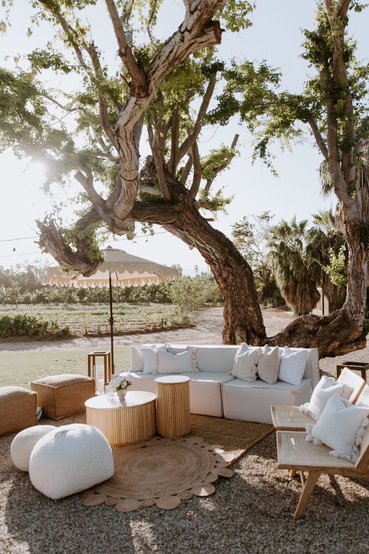 an outdoor seating area with white cushions and pillows under a large tree in the background