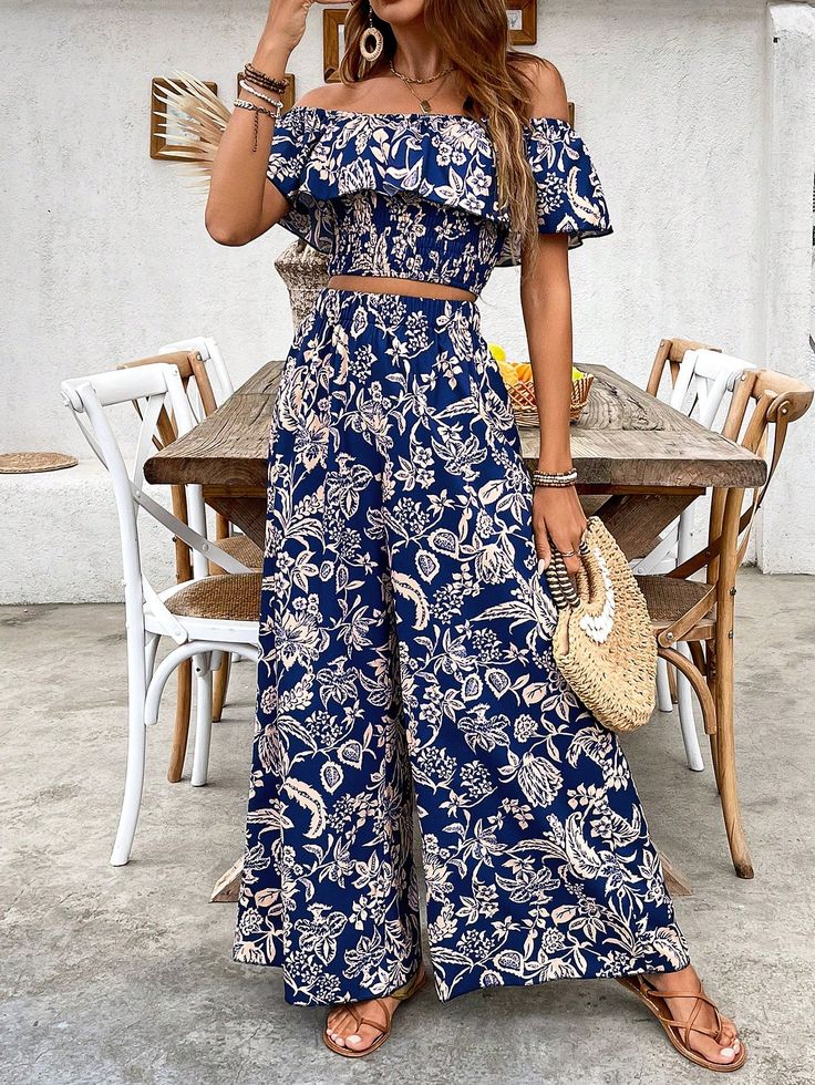 Top And Wide Leg Pants, Off Shoulder Crop Top, Pantalon Large, Shoulder Crop Top, Boho Floral, Two Piece Outfit, Maternity Bag, Leg Pants, Women Clothing