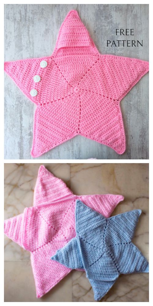 crocheted stars are shown in two different colors, one is pink and the other is blue