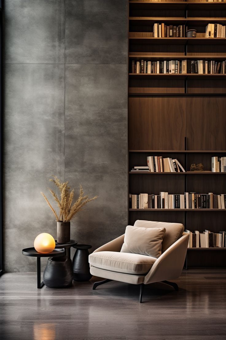 a living room filled with furniture and bookshelves next to a lamp on a table