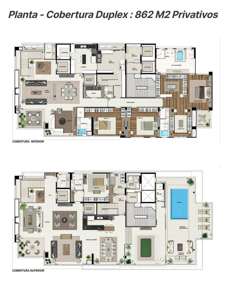 two floor plans for a house with multiple rooms and an outdoor swimming pool in the middle